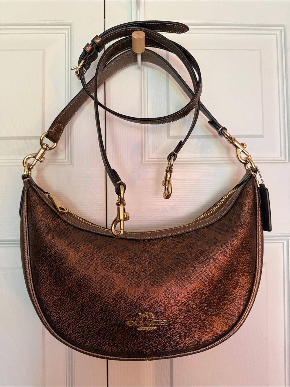 Coach Brown Signature Crescent Shoulder Bag with Gold Hardware